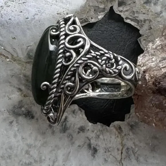 Carolyn Pollack Sterling Silver Elongated Oval Dark Green Chalcedony Ring - Picture 7 of 10